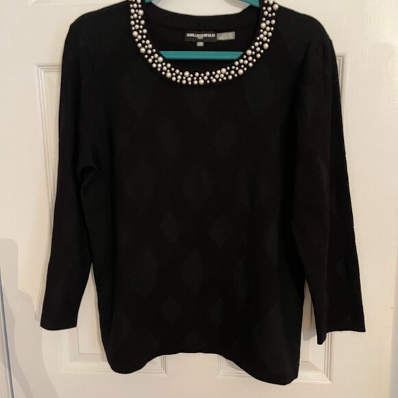 Karl Lagerfeld Paris knit black sweater with beaded neckline size M - Picture 2 of 5